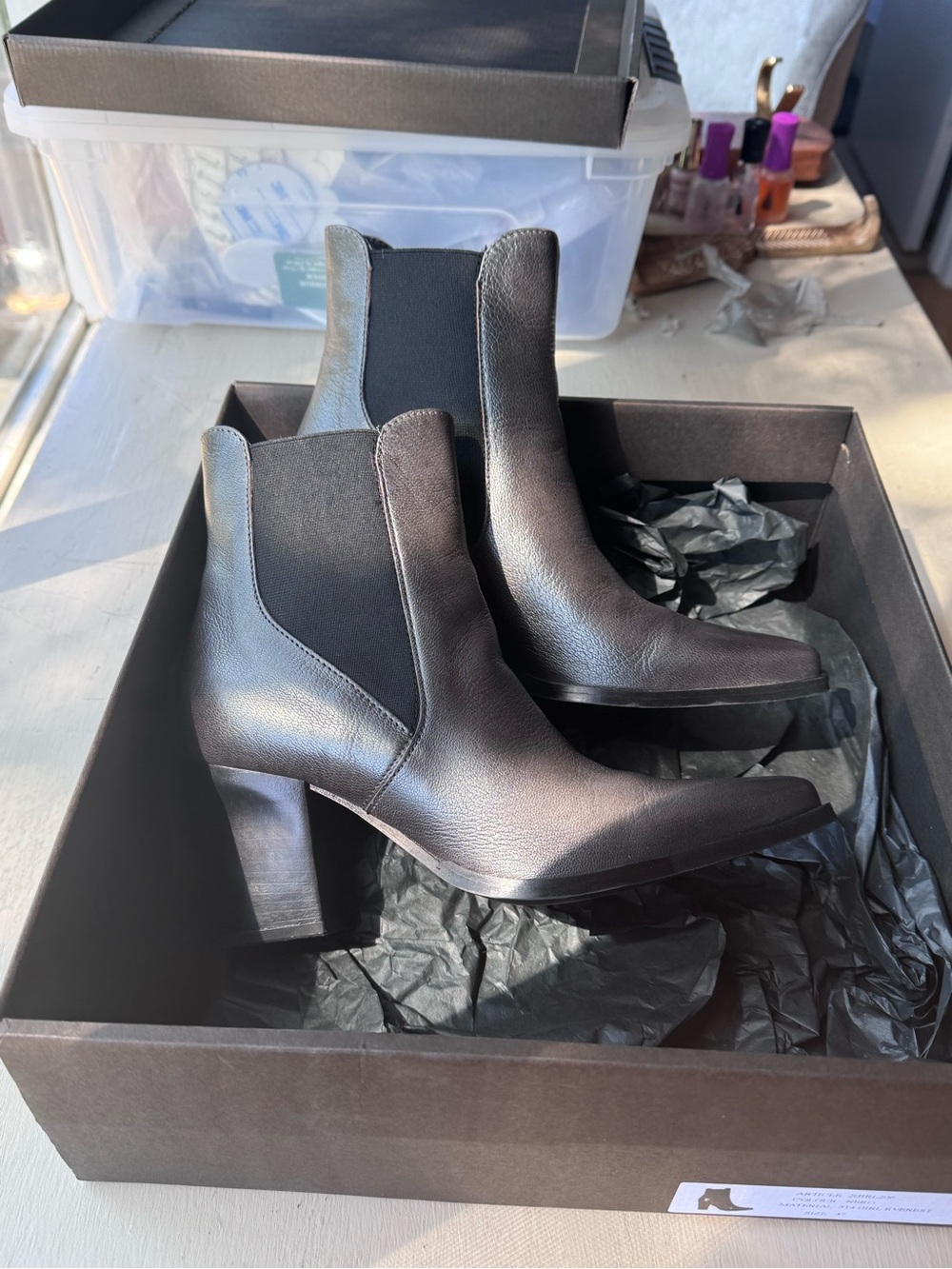 Women's Metallic Black Leather Chelsea Block Heel Ankle Boots
